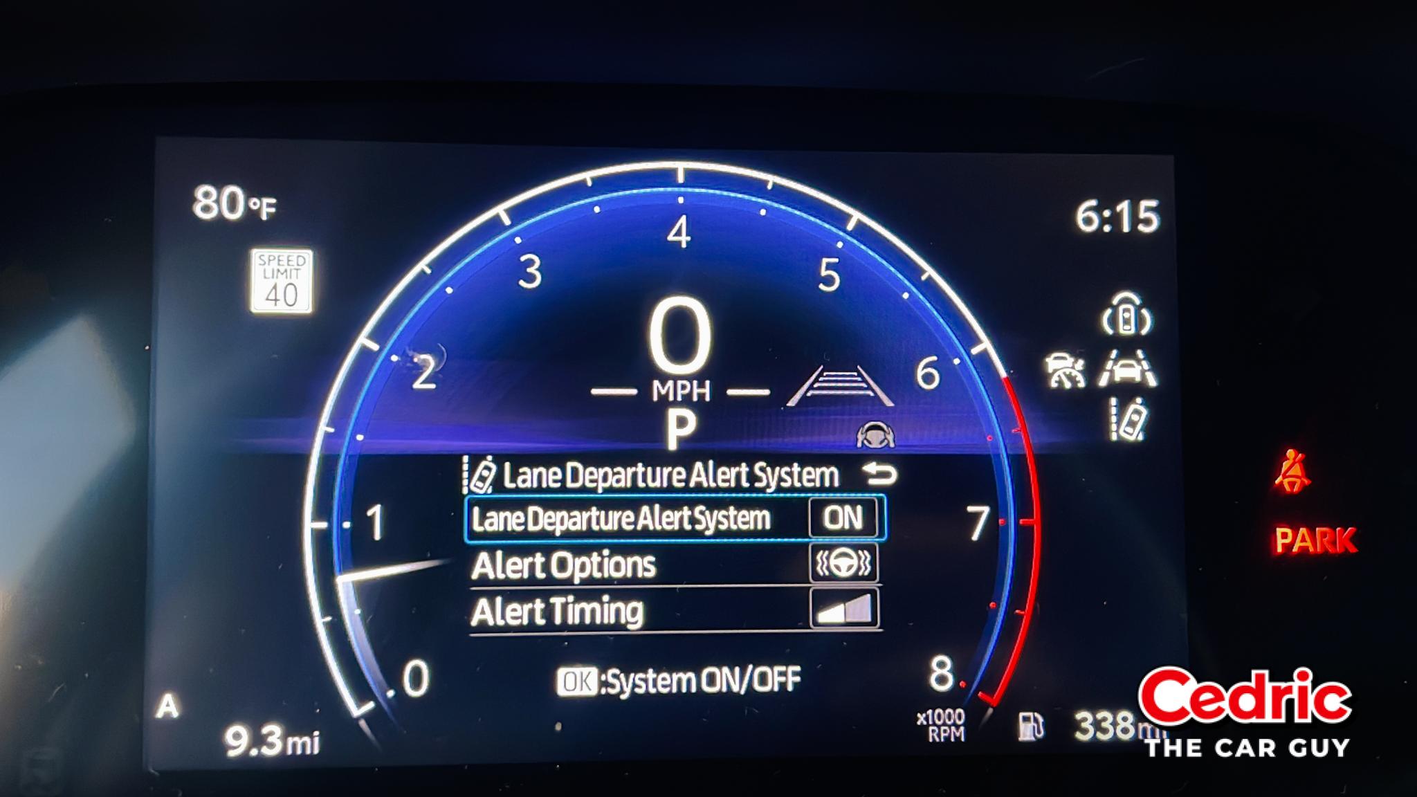 Lane Departure Alert System Menu within the Toyota Grand Highlander's Multi-Information Display (MID)