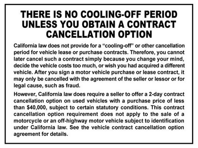 No Cooling-Off Period Disclaimer Sign for Vehicle Purchases in California